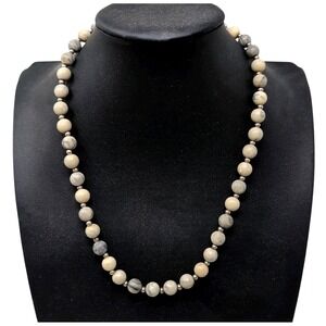 VTG 80s Picasso Jasper Stone Bead Necklace Artisan Strung Jewelry Gray Tan Cream
